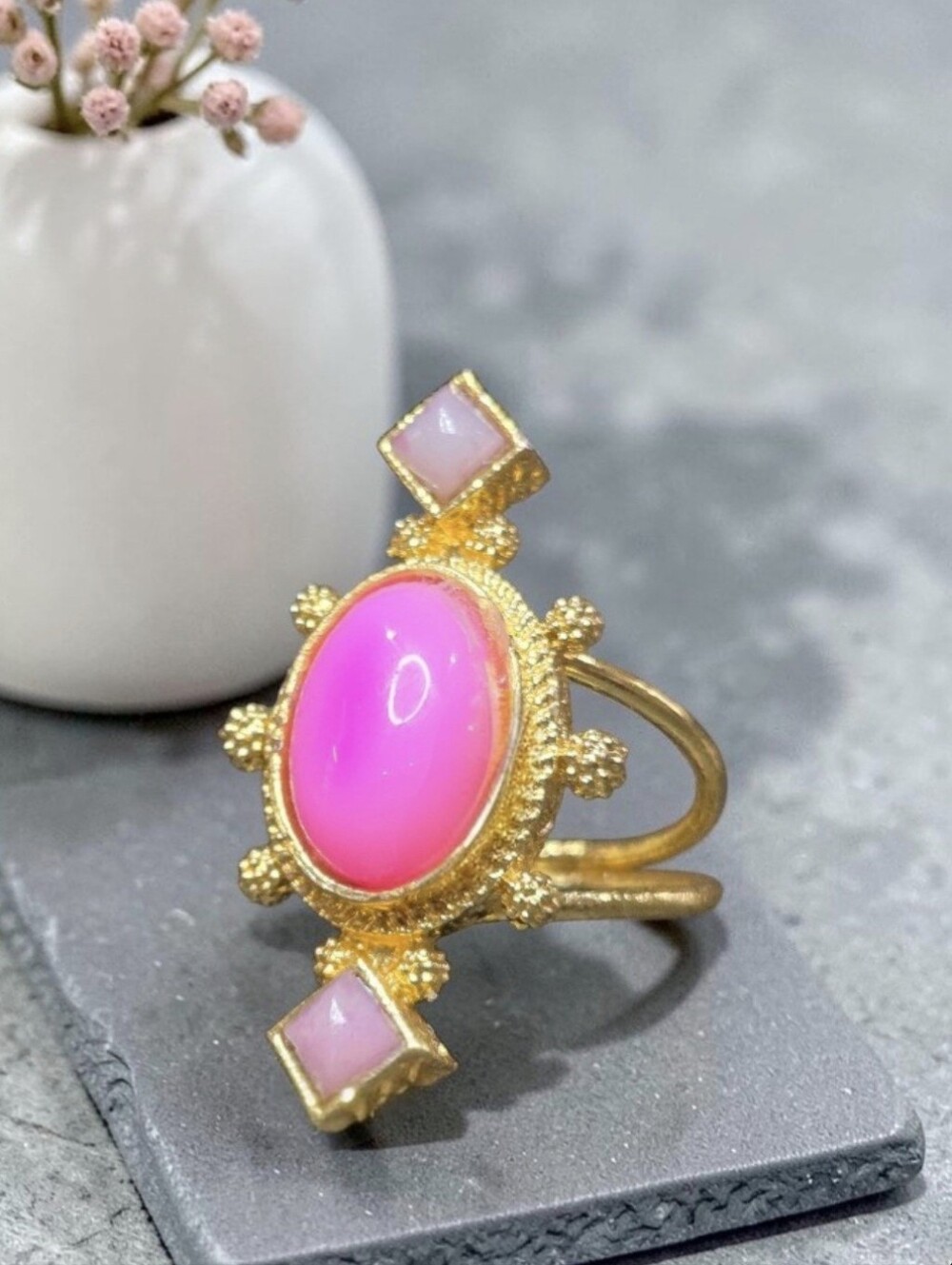 Romantic 18k Gold Plated Artisan Byzantine Rose Quartz Pink Chalcedony Ring